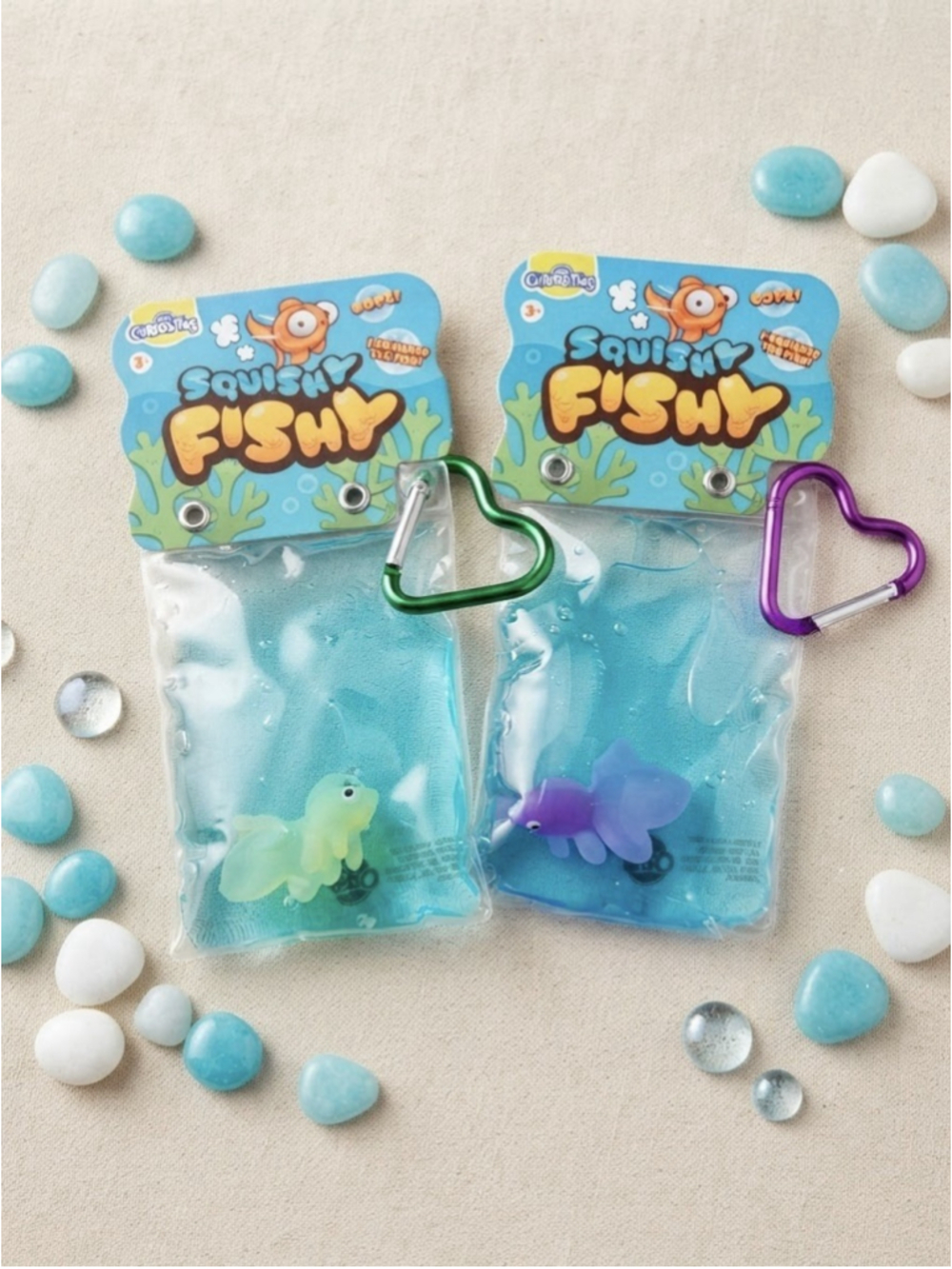 ORB Curiosities Squishy Fishy Squeeze Toy Keychain/Clip Pouch Lot 2 Green Purple